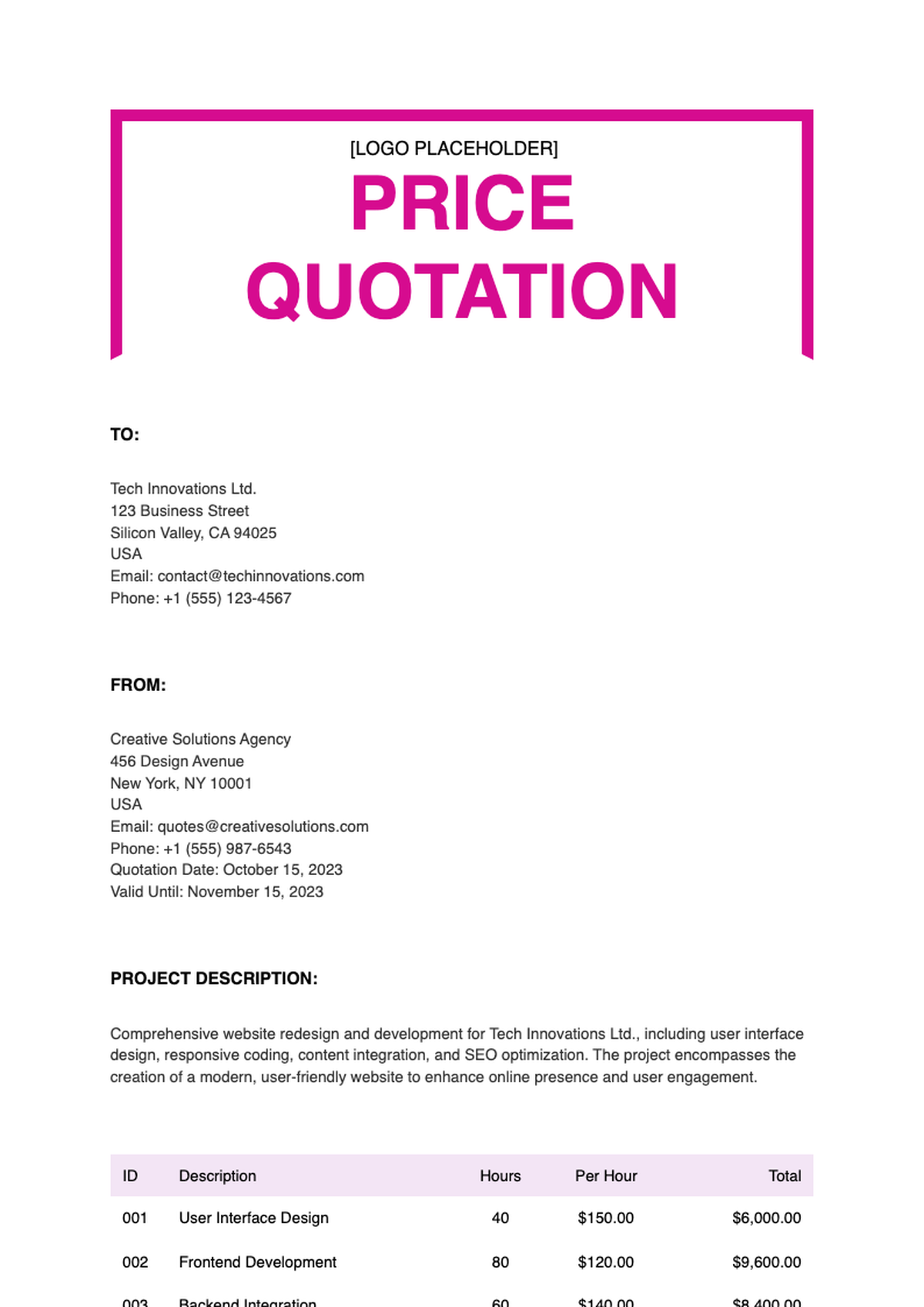 Modern pink accent price quote template with itemized breakdown and tax calculation_variant_1